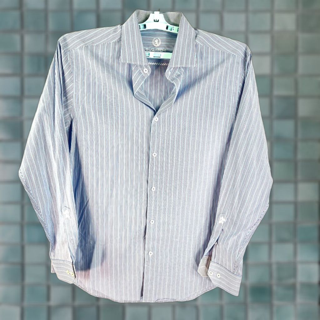BUGATCHI BUGATCHI UOMO Striped Button-Up Shirt Mens Size 16.5 Blue Cotton Shirt Mens Regular Blue 16.5 34/35 Classic Colorful Designer Size US L / EU 52-54 / 3 - 1 Thumbnail
