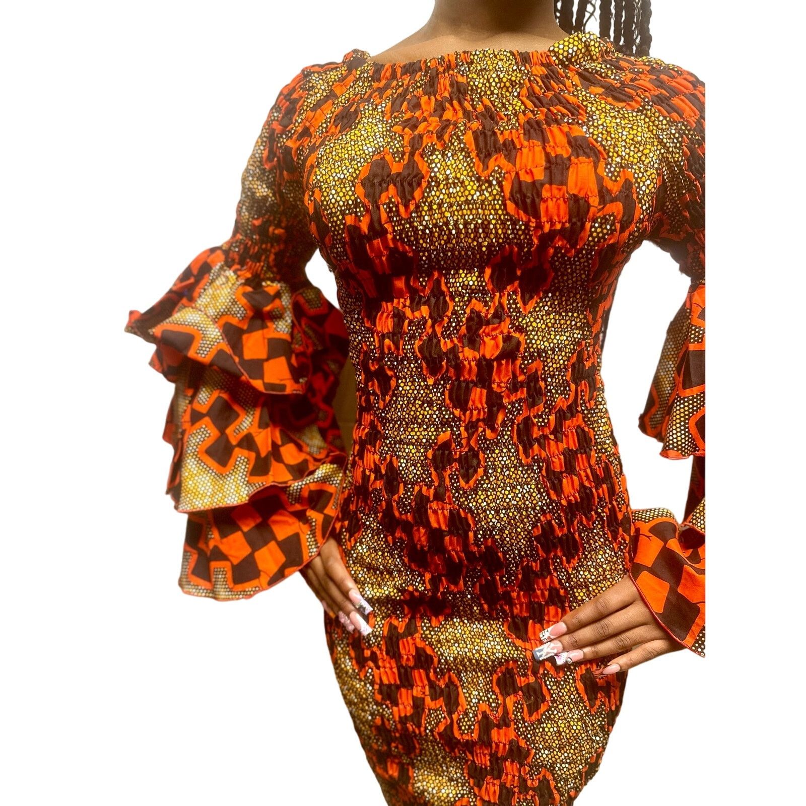 Other Black & Red African bodycon midi dress ruffle 70s sleeves Size S / US 4 / IT 40 - 6 Thumbnail
