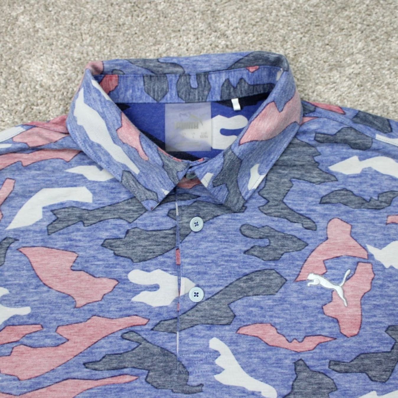 Puma PUMA Polo Shirt Mens Medium Blue Pink Camo Reverse Print Golf S/S Pullover Size US XL / EU 56 / 4 - 5 Thumbnail