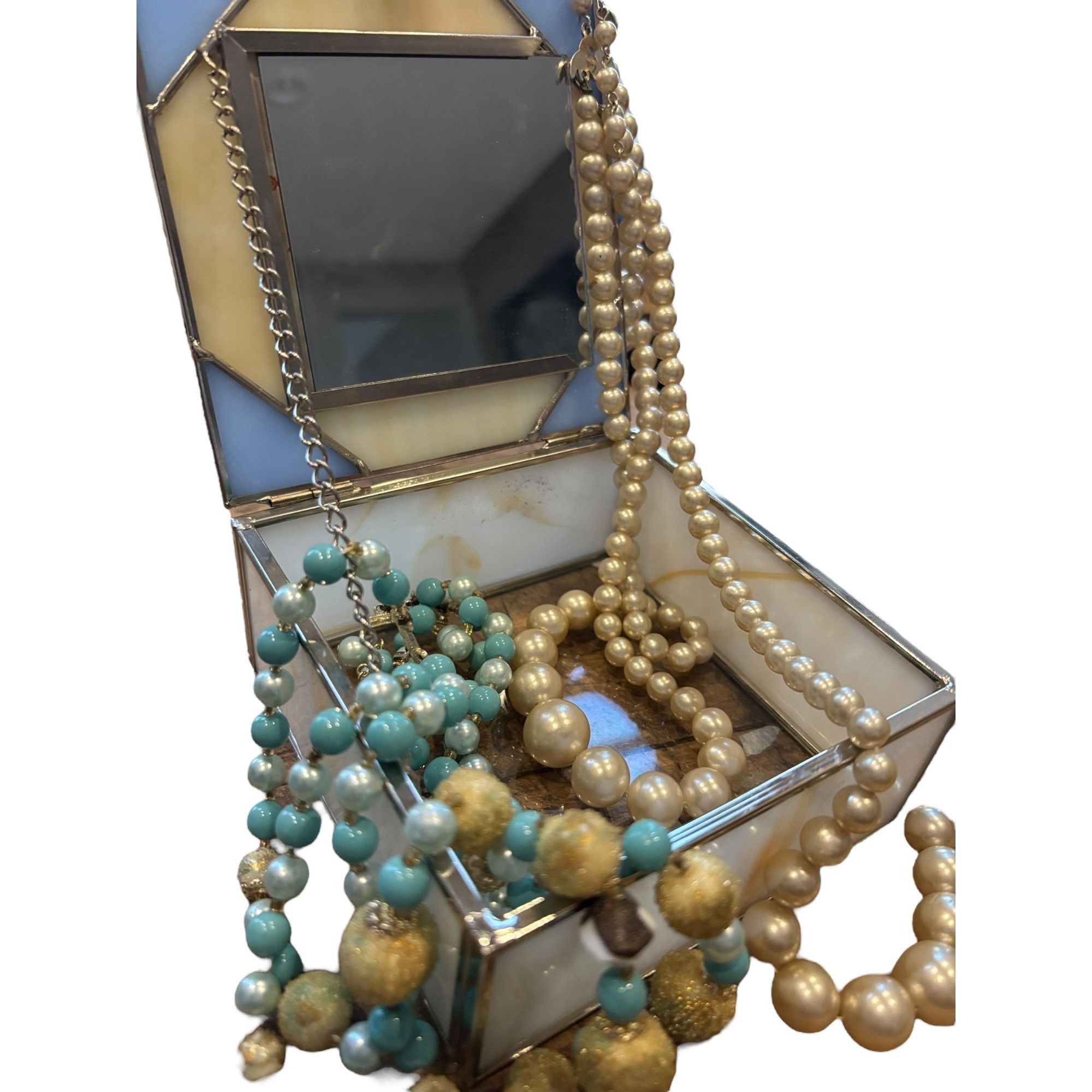 Elegant Glass & Metal Jewelry Box With signed Japan Beaded N
