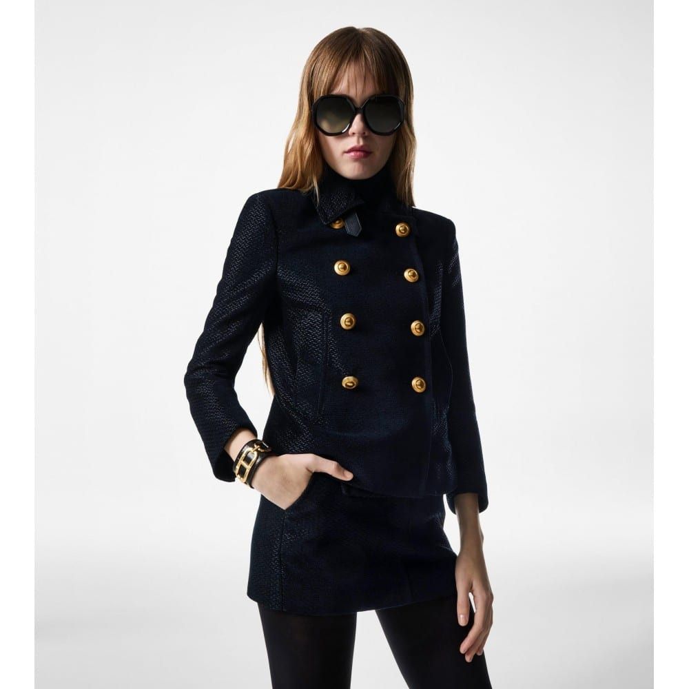 Tom Ford o1loc1c0126 CS1248 Metallic Silk Cropped Peacoat in Blue Size XS / US 0-2 / IT 36-38 - 4 Thumbnail
