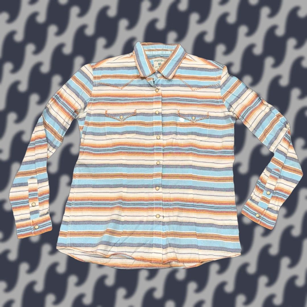 Vintage VINTAGE Panhandle Slim Pearl Snap Shirt Women Embroidered Pocket Long Sleeve Striped Orange Blue Cream Sized M Size M / US 6-8 / IT 42-44 - 1 Thumbnail
