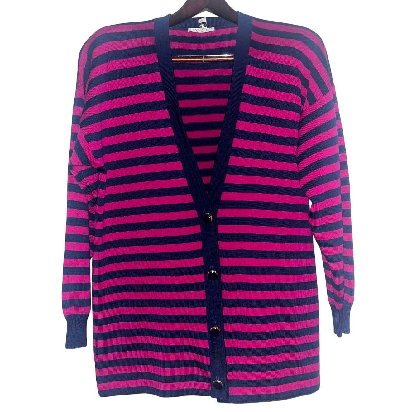 Other St. John Sportswear Navy/Magenta Striped V-Neck Cardigan Size M / US 6-8 / IT 42-44 - 1 Thumbnail