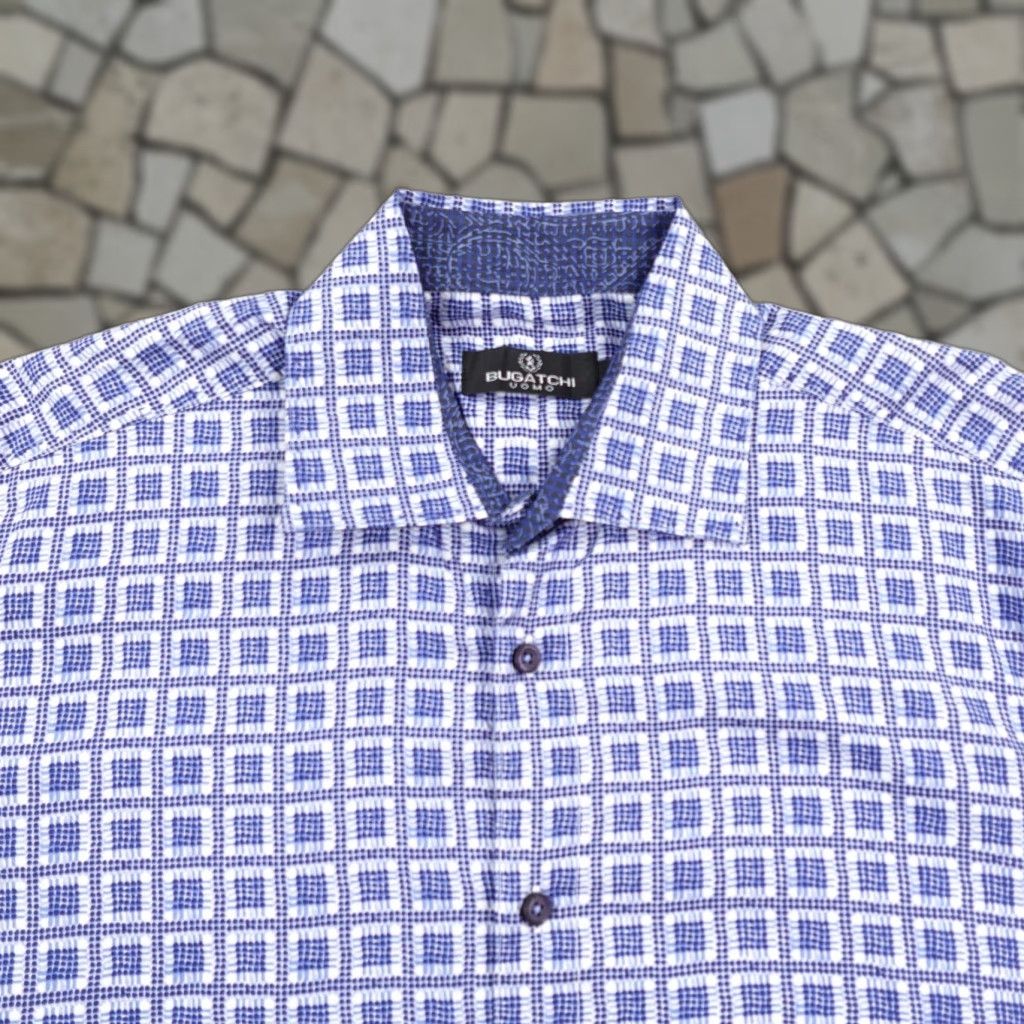 BUGATCHI Bugatchi Uomo Shirt Mens Large Blue Geometric Plaid Button-Up Long Sleeve Cotton Size US L / EU 52-54 / 3 - 1 Thumbnail