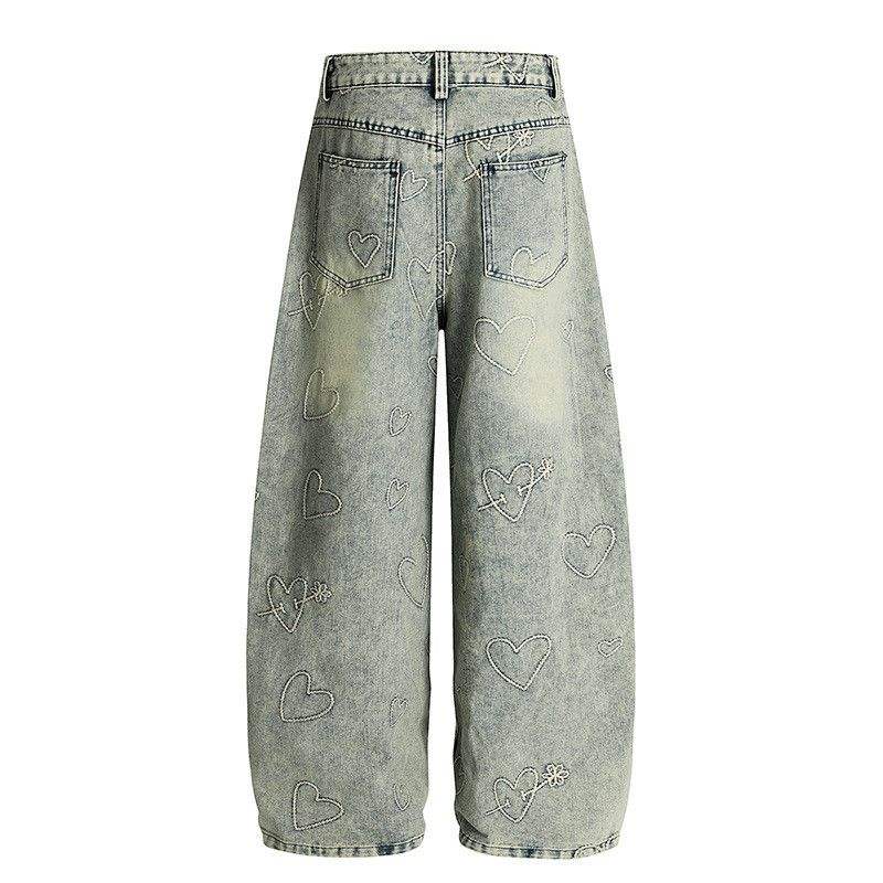Vintage Street-style wide-leg heart-embroidered jeans Size US 32 / EU 48 - 2 Thumbnail
