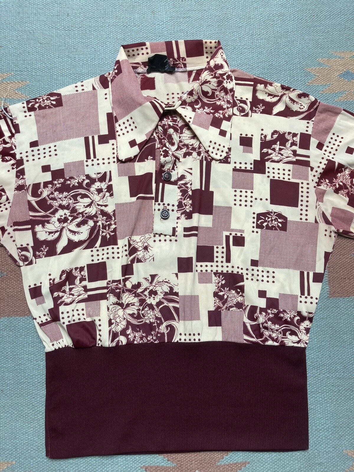 Vintage 70s gaucho shirt floral flowers pullover butterfly collar L Size US L / EU 52-54 / 3 - 2 Thumbnail