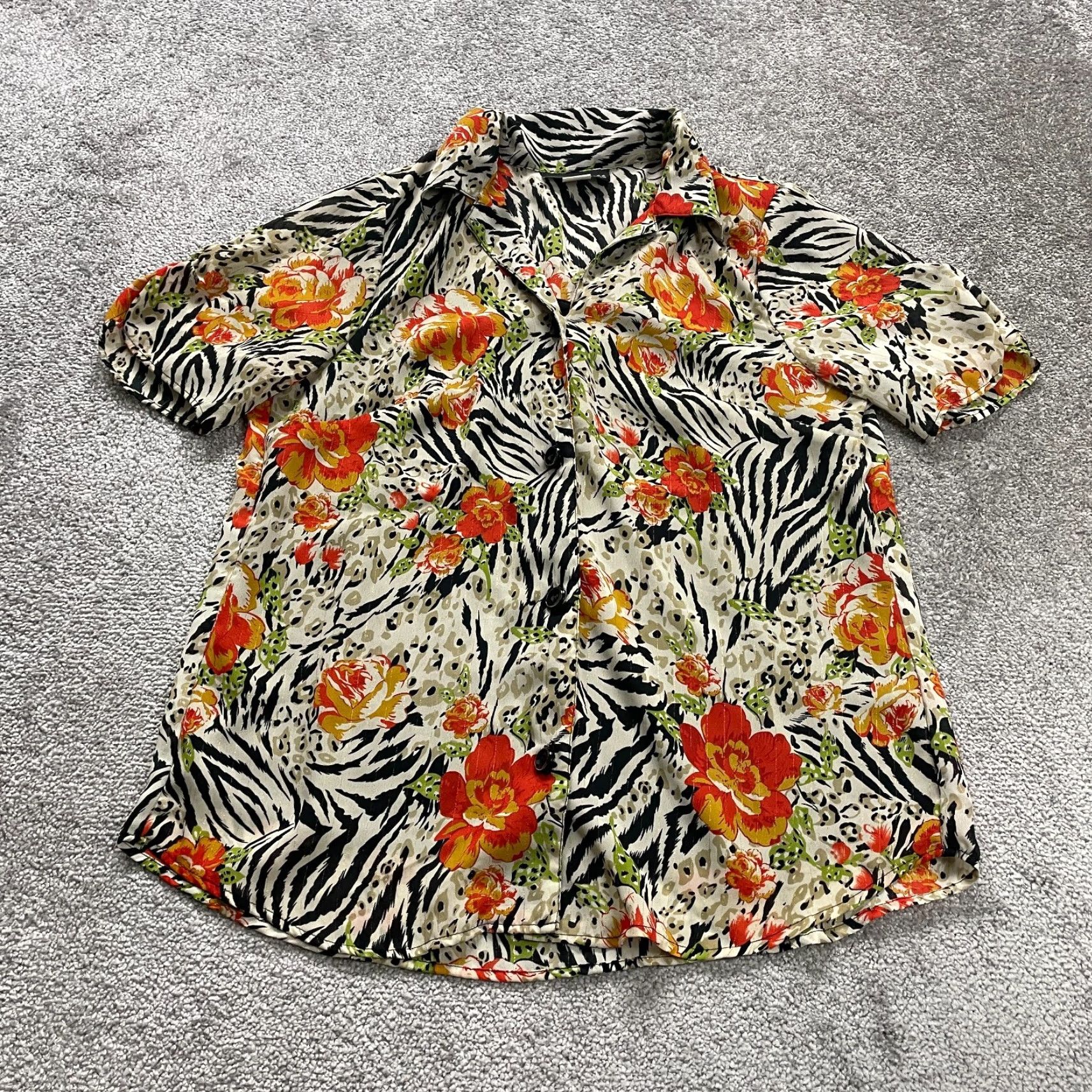 Lancel Gloria Lance Button Up Shirt Women XL Multicolor Zebra Floral Padded Shoulders Knit Polyester Spandex Casual Floral Bohemian Hawaii Size XL / US 12-14 / IT 48-50 - 2 Thumbnail