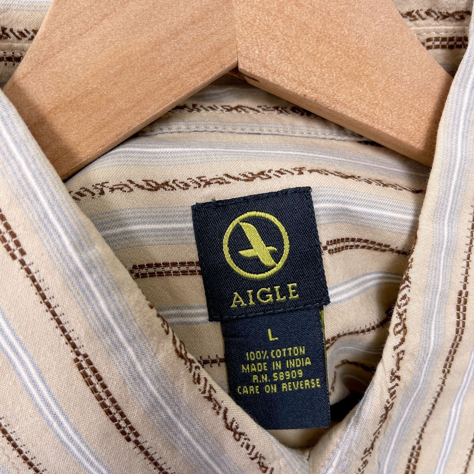 Aigle AIGLE Embroidered Striped Button Front Shirt Beige Mens L Size US L / EU 52-54 / 3 - 6 Thumbnail