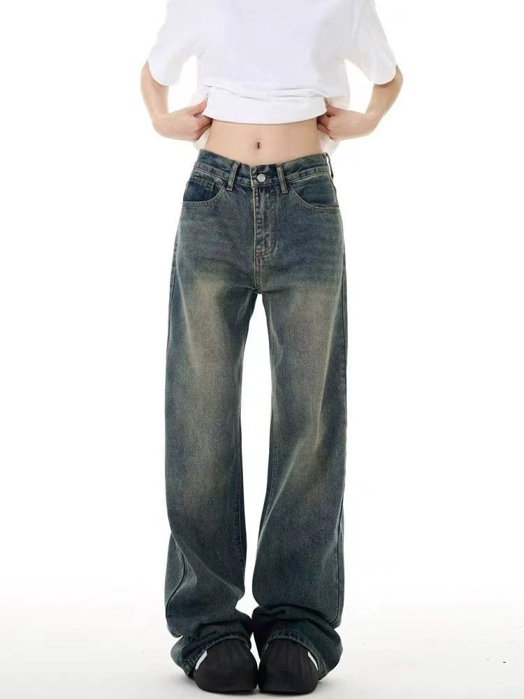 Retro men's washed distressed high waist loose flared jeans