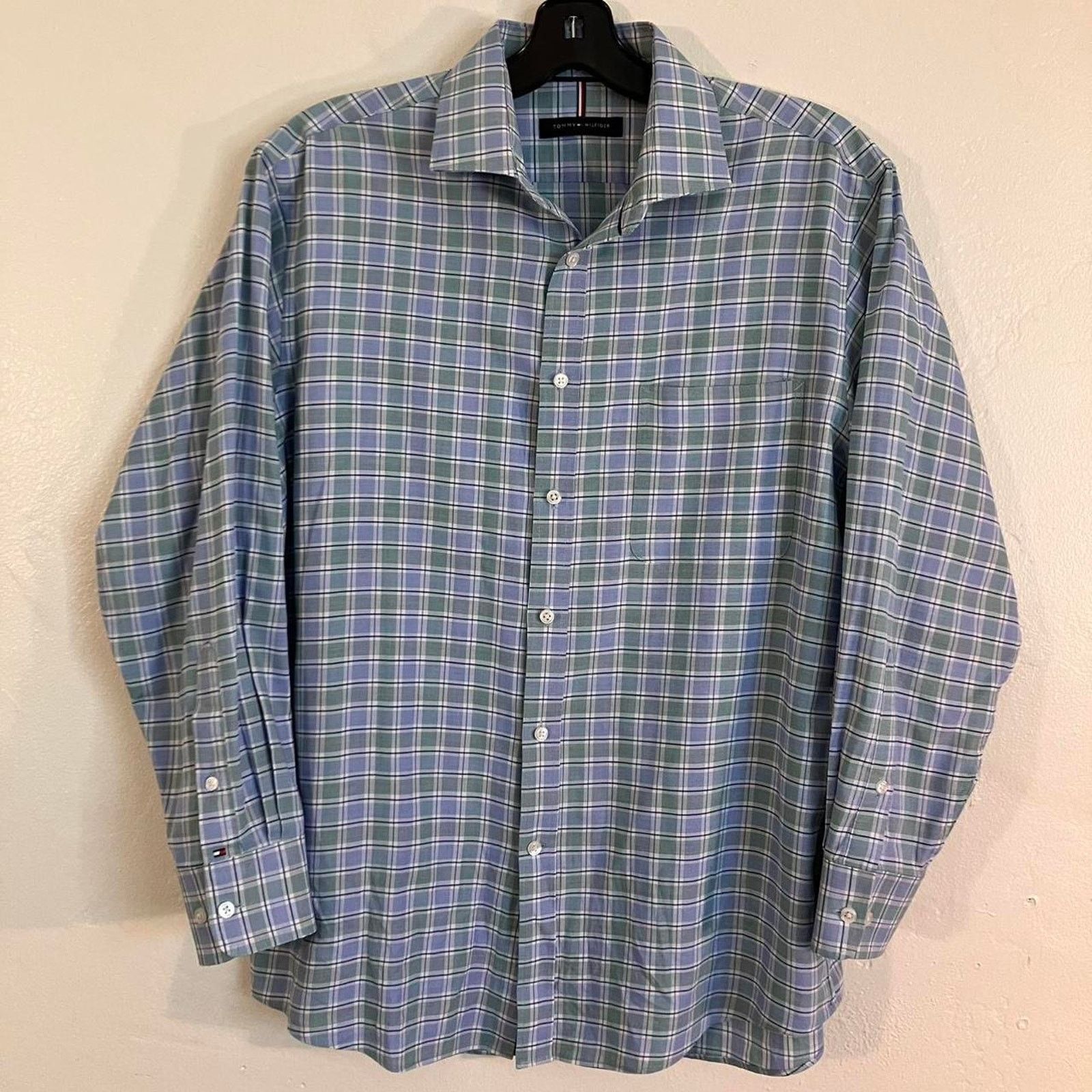 Tommy Hilfiger Tommy Hilfiger Blue Green Plaid Gingham Dress Shirt Size US L / EU 52-54 / 3 - 1 Thumbnail
