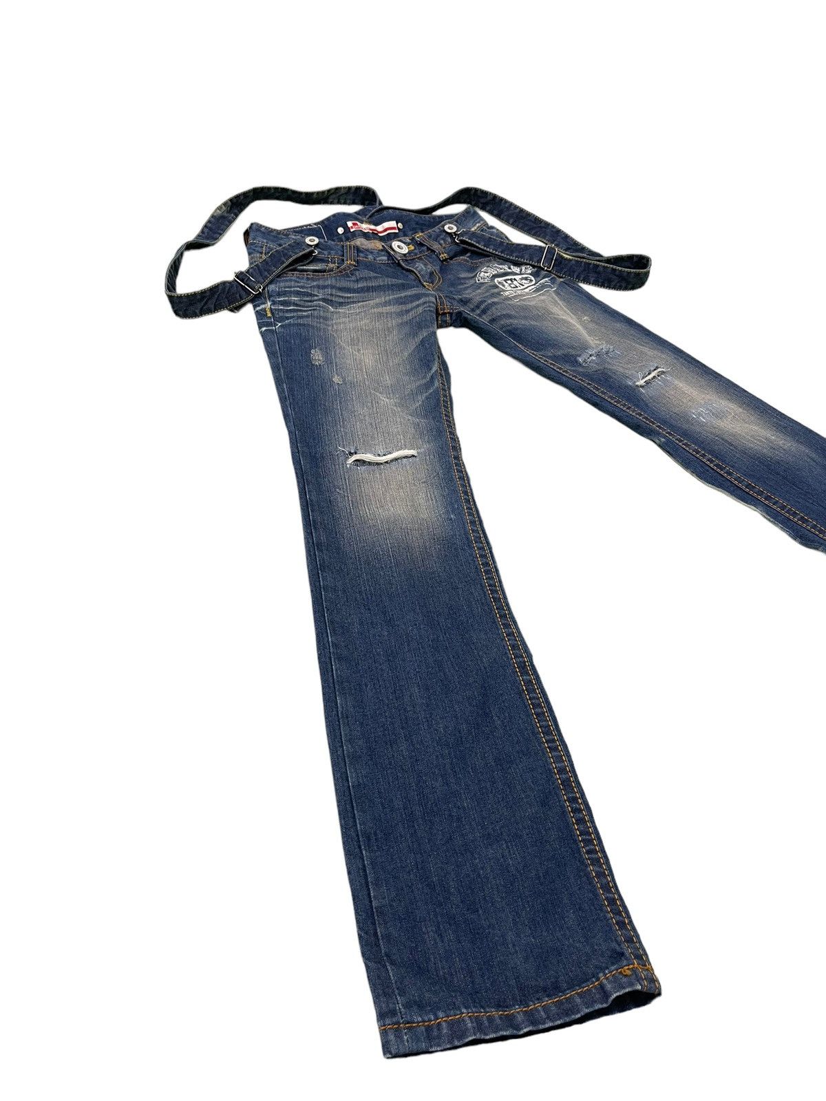 Japanese Brand Suspender Jeans Genoese Distres Low Rise Slim 7🟦5 Size US 28 / EU 44 - 2 Thumbnail