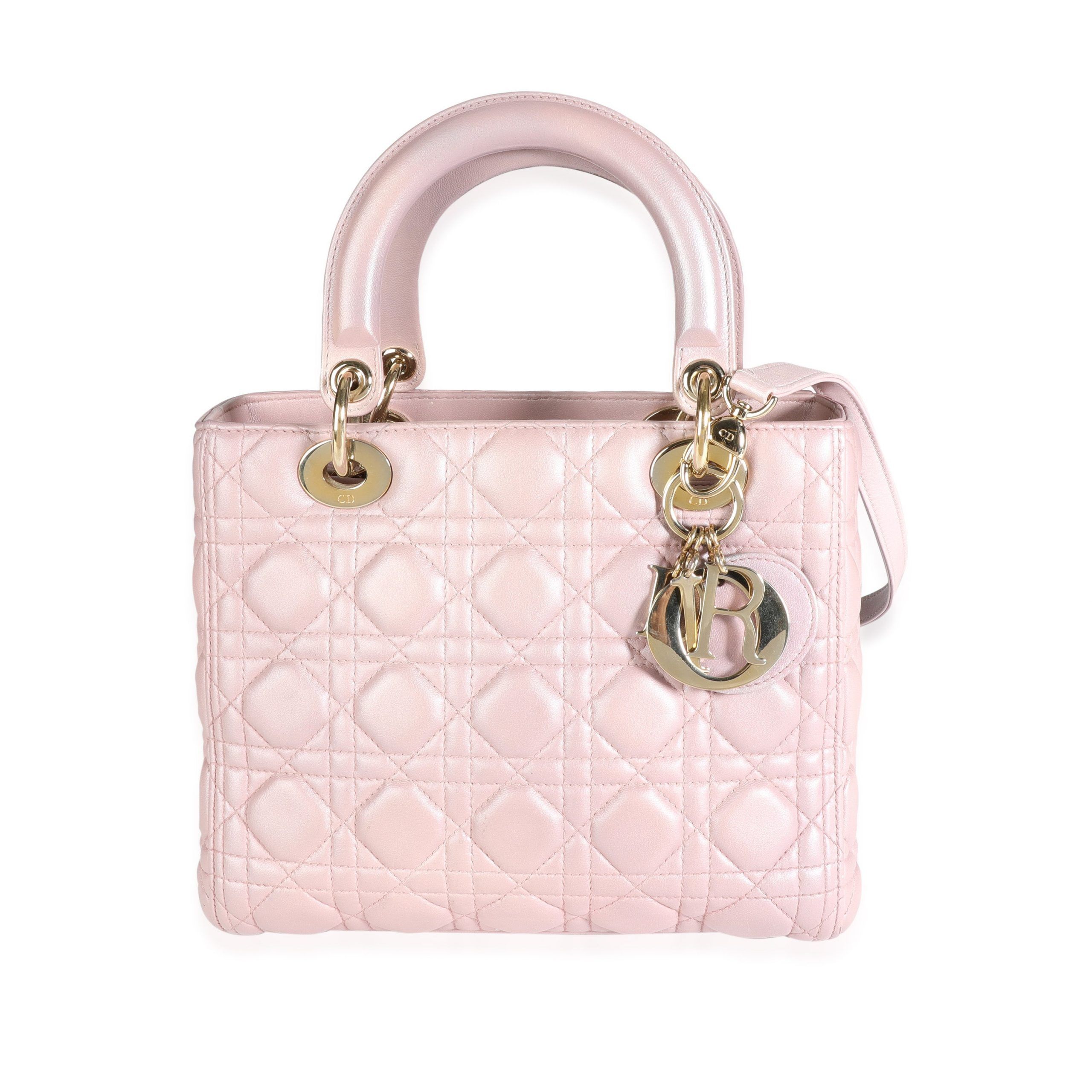 image of Dior Lotus Pearlescent Cannage Lambskin Medium Lady Dior Bag in Pink, Women's