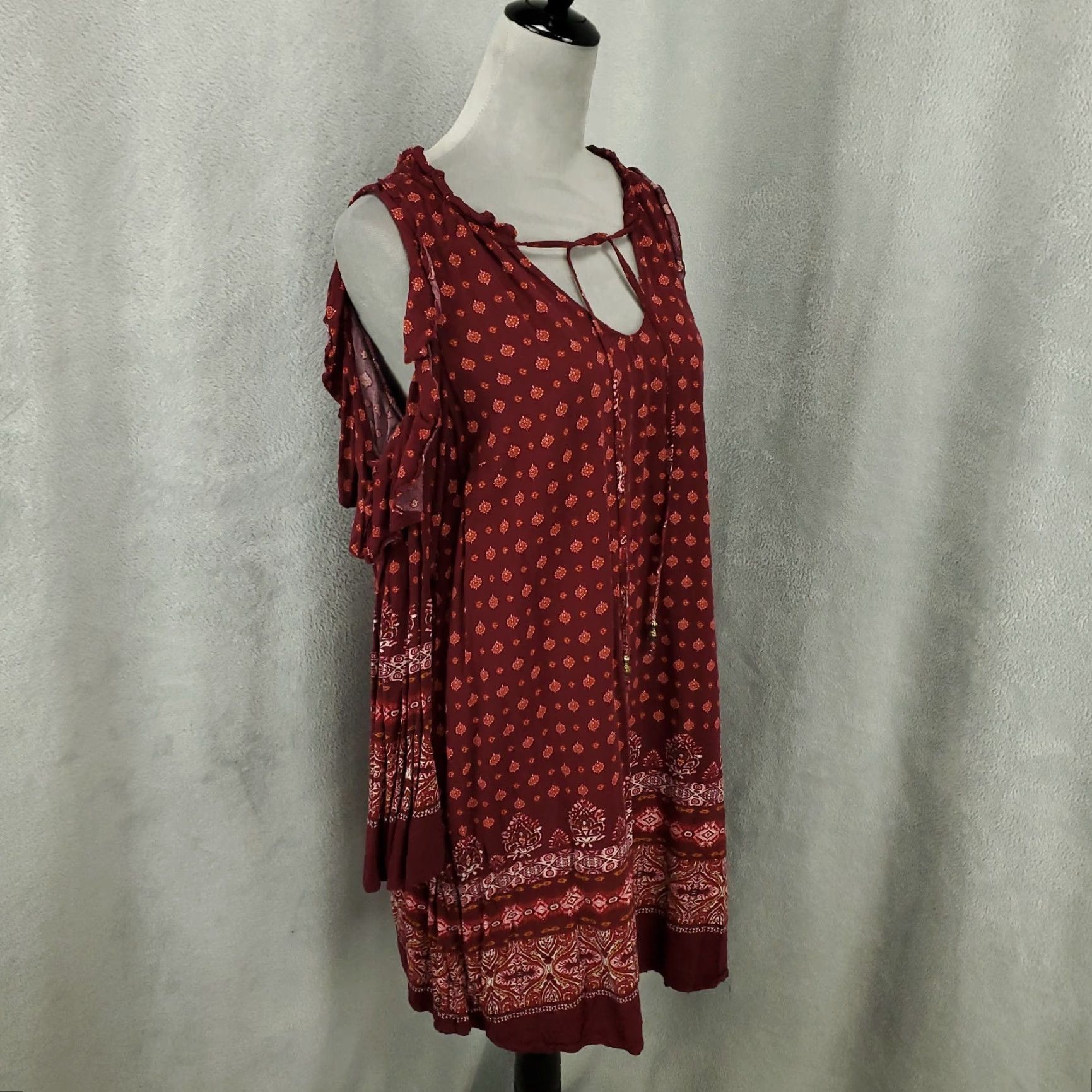 Vintage Know Rose Tunic Womens XL Cold Shoulder Boho Ruffle Tie Tassled Mini Dress Size XL / US 12-14 / IT 48-50 - 3 Thumbnail