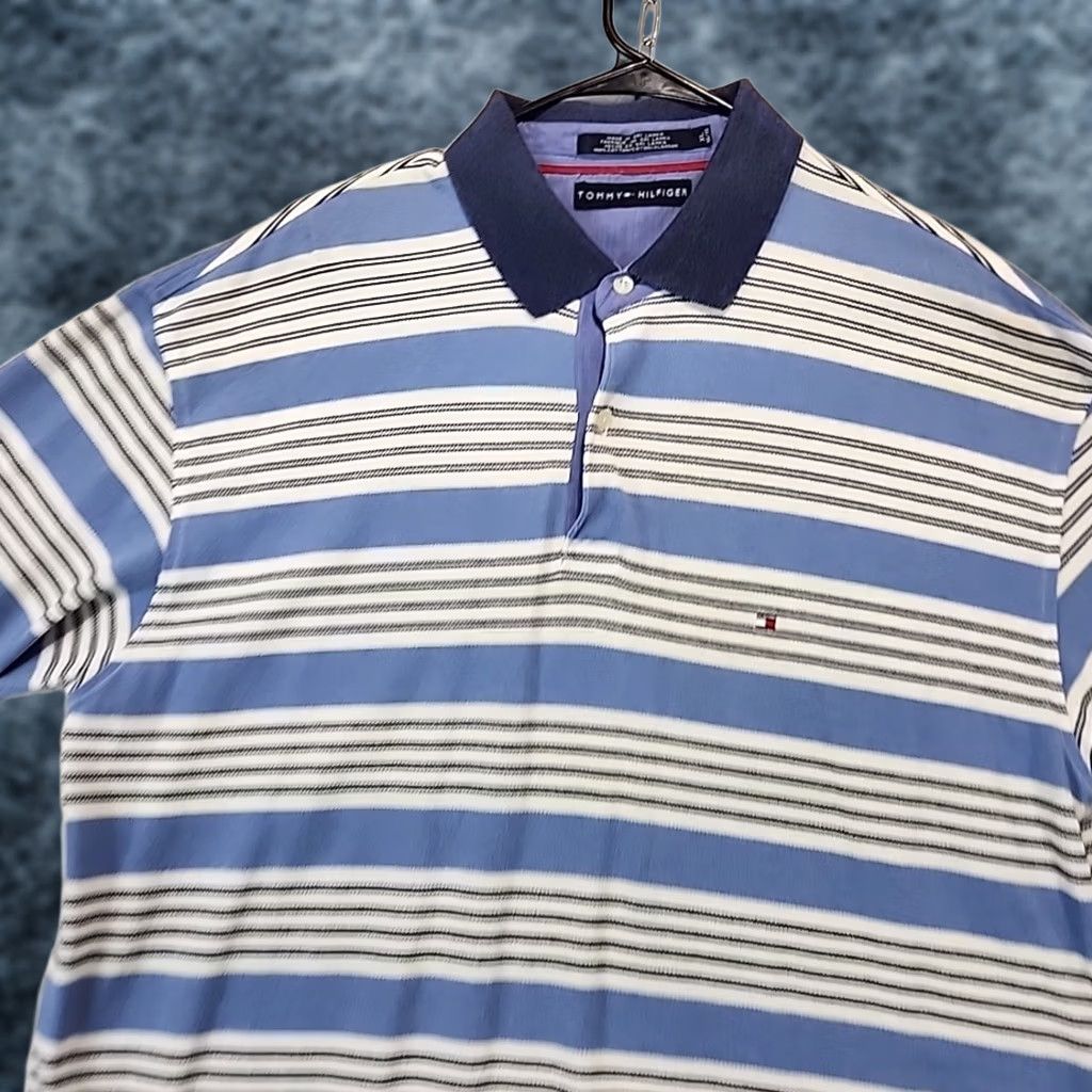 Tommy Hilfiger VINTAGE Tommy Hilfiger Polo Shirt Men's XL Blue Horizontal Stripe Cotton Knit 90s Golf Logo Striped Short Sleeve Regular Mens Size US XL / EU 56 / 4 - 1 Thumbnail