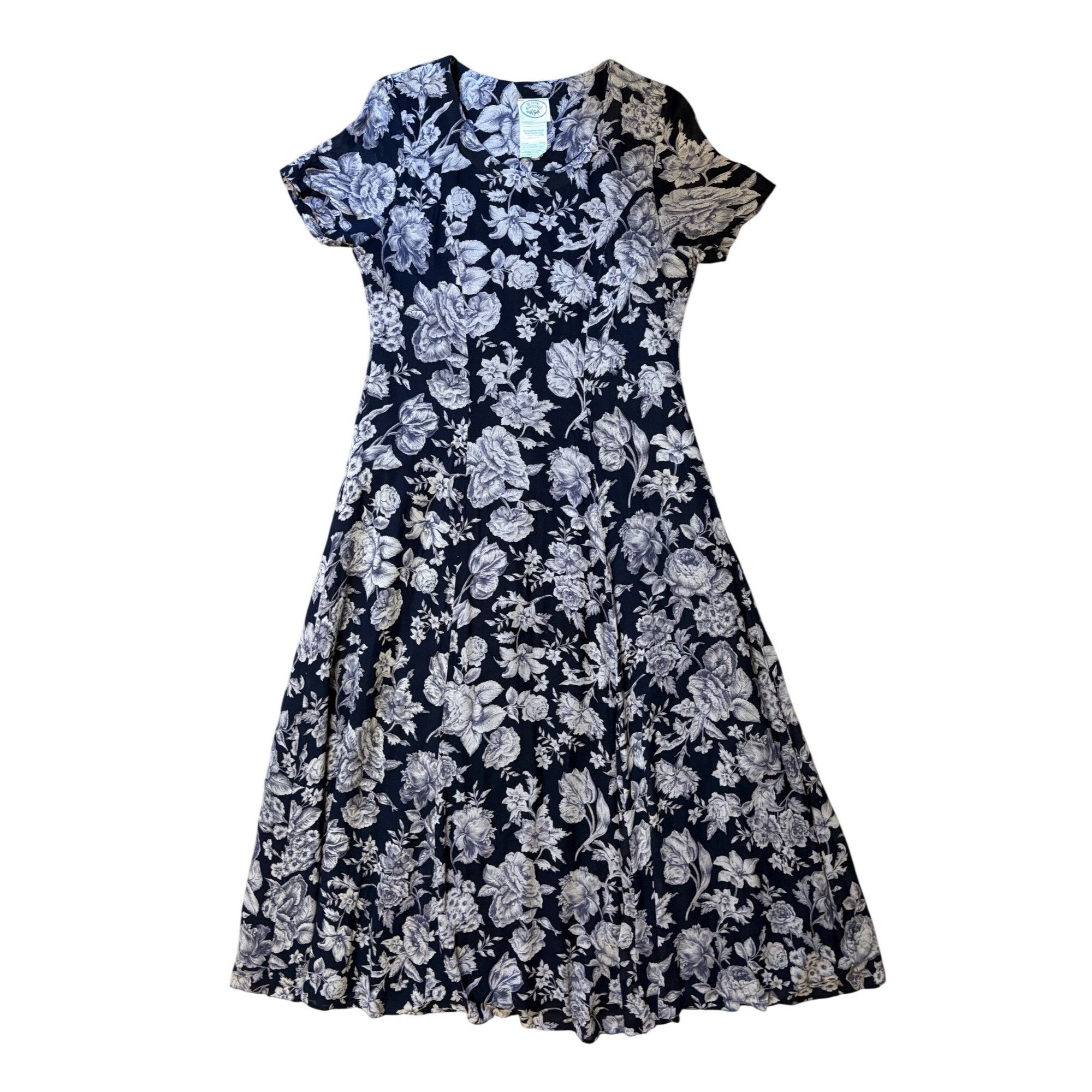 VTG Laura Ashley 6 UK 10 Maxi Dress Blue Floral Gray Rose Lo