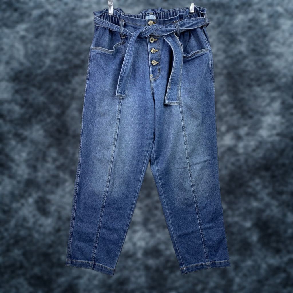 Vintage Time And Tru Jeans Womens 12 High Rise Button Fly Distressed Belted Paperbag Denim Blue Cotton Blend Spandex Skinny 5-Pocket Womens Size 34" / US 12 / IT 48 - 1 Thumbnail