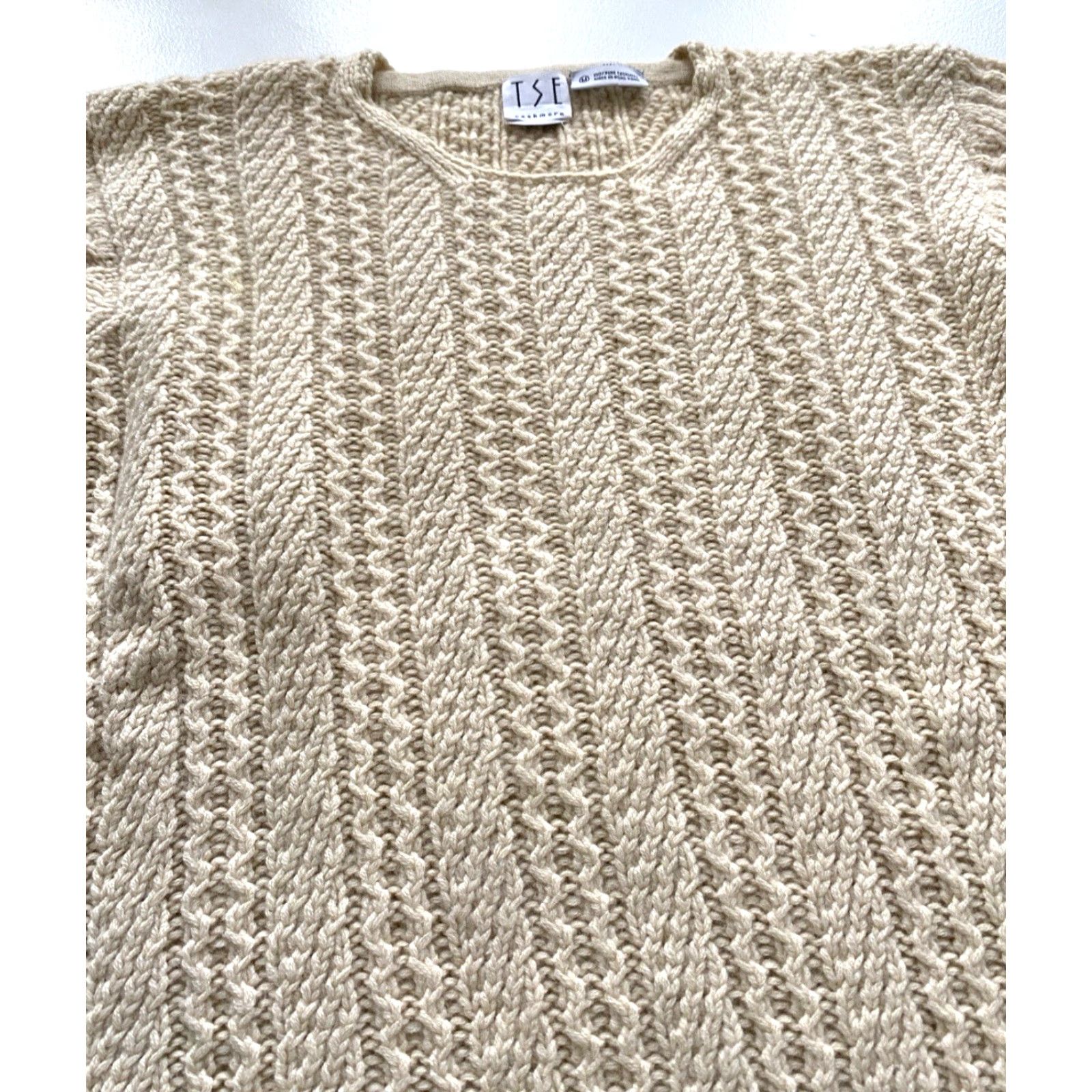 Tse VINTAGE TSE Women's Cable Knit Cashmere Sweater Sz M Crew Neck Ivory 90s Pullover Womens Size M / US 6-8 / IT 42-44 - 4 Thumbnail