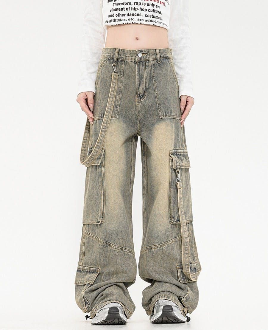 image of Gray Washed Cargo Denim Jeans in Grey, Women's (Size 26)