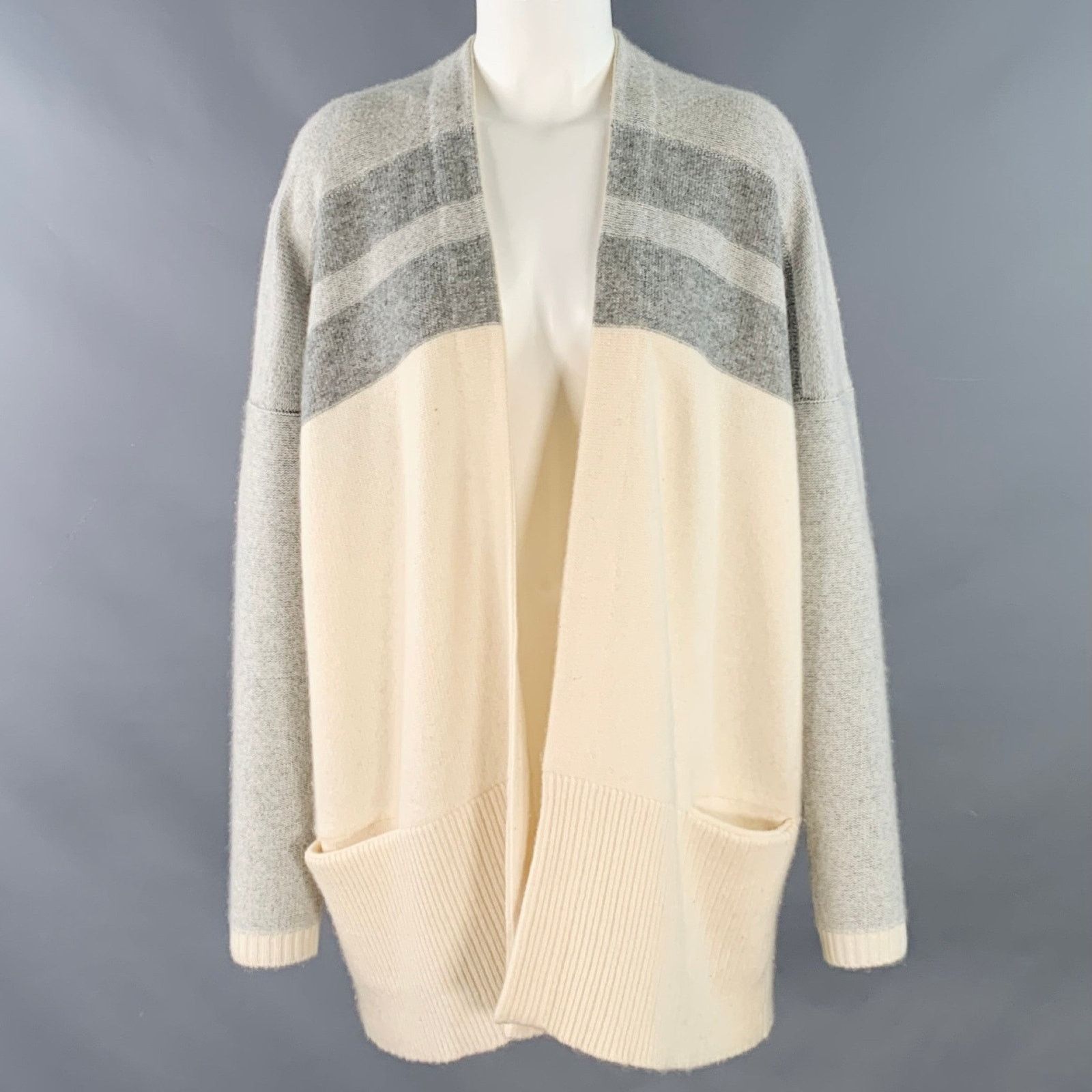 Other BLACK GOAT M Grey Cream Cashmere Stripe Open Front Cardigan Size M / US 6-8 / IT 42-44 - 1 Thumbnail