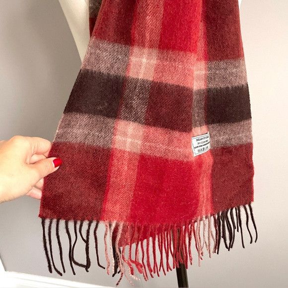 Other Red Brown Plaid Wool Fringed Scarf - 100% Wool, Unisex🧣 Size ONE SIZE - 3 Thumbnail