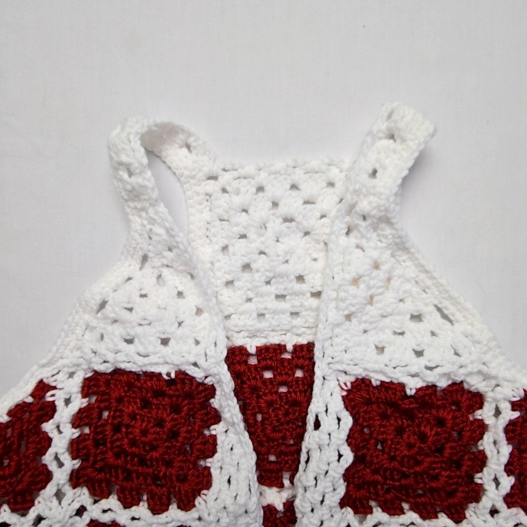 Handmade Red White Granny Square Sweater Vest Small Crochet Boho Top Size S / US 4 / IT 40 - 2 Thumbnail