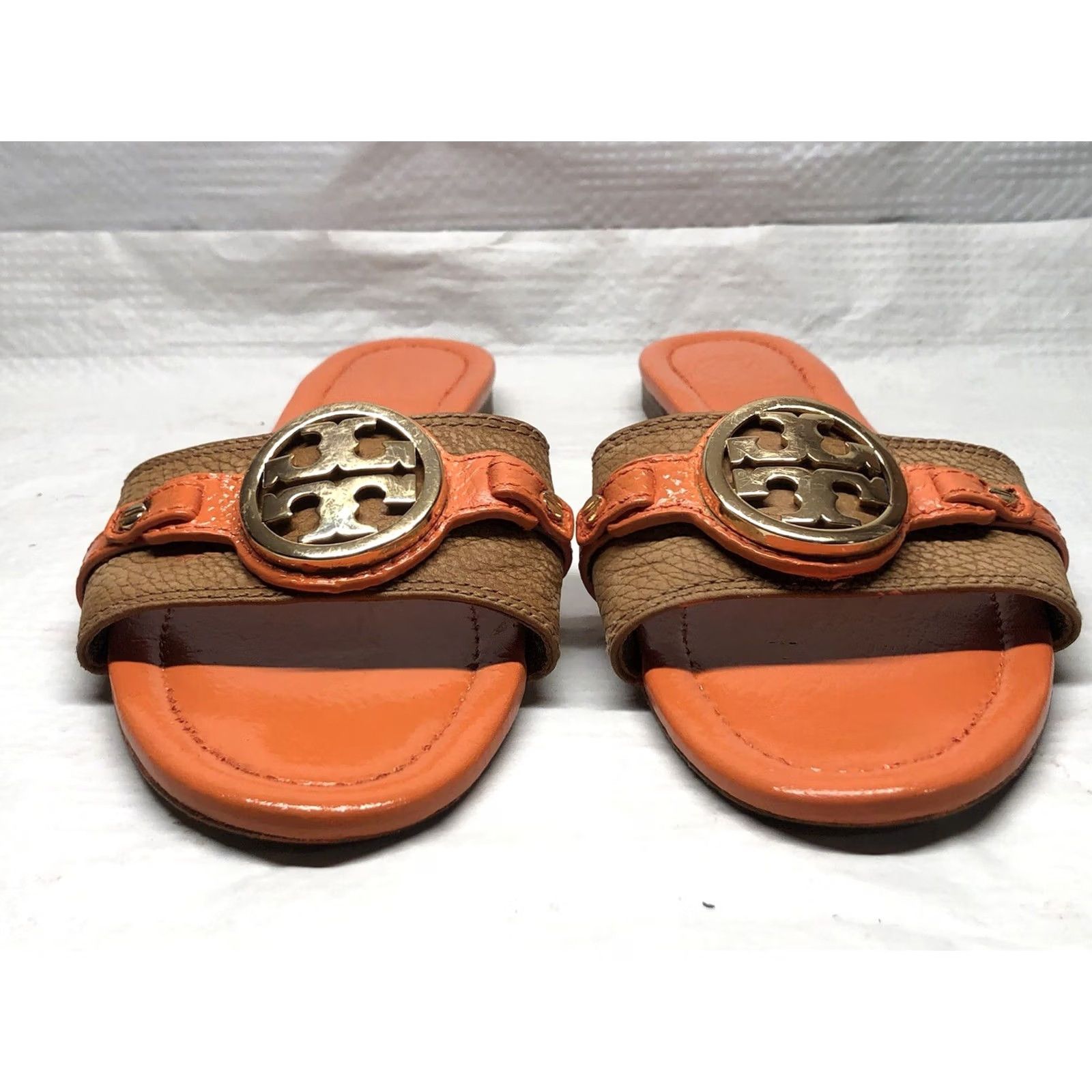 Tory Burch Tory Burch Sandal Slides Women Size 9.5 Custom Tan/Orange Logo Medallion Leather Miller Leticia Flat Slip On Size US 10 / IT 40 - 5 Thumbnail