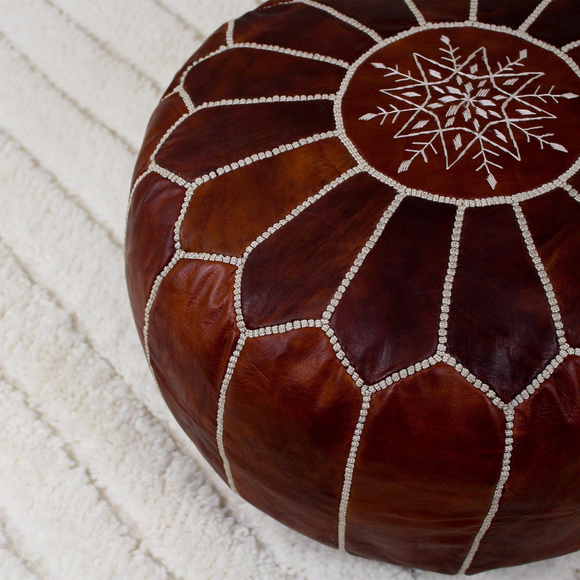 Leather × Vintage Round Handmade Leather Dark Brown Pouf Size ONE SIZE - 7 Thumbnail