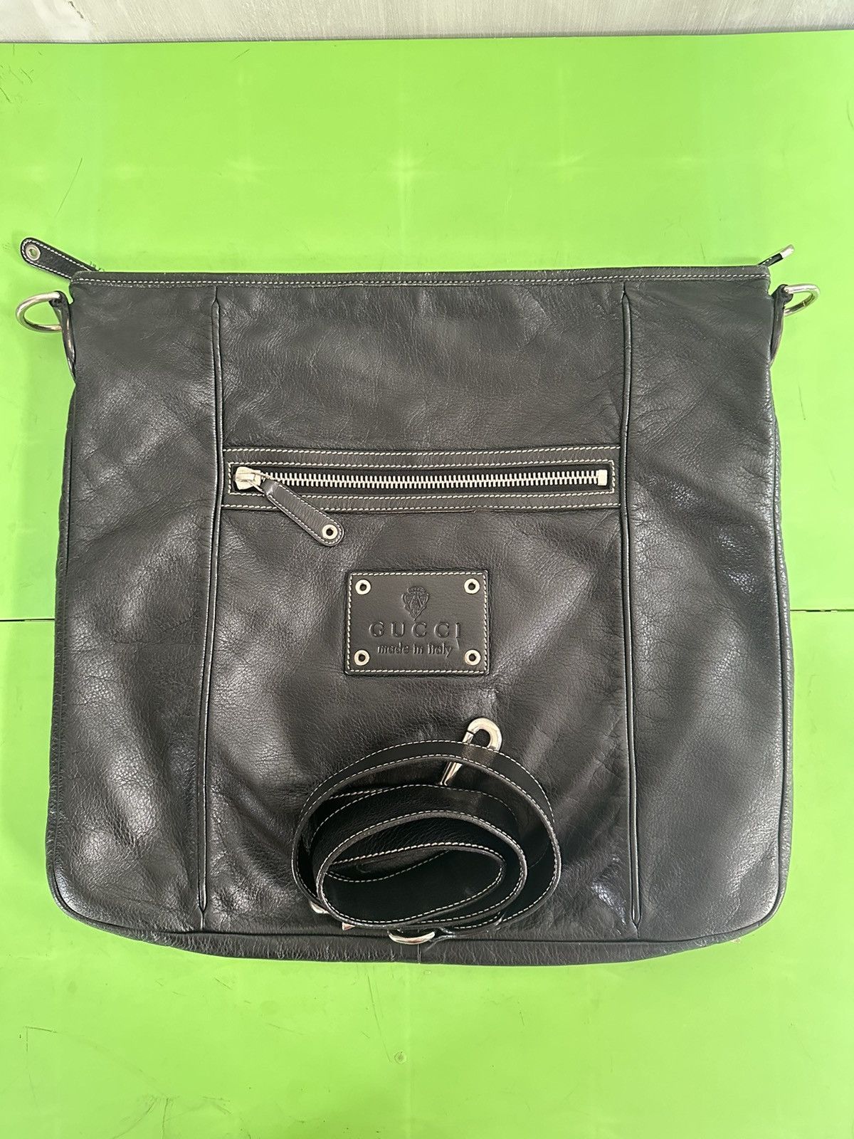 image of Gucci Leather Metal Crest Shoulder Bag in Black, Men's