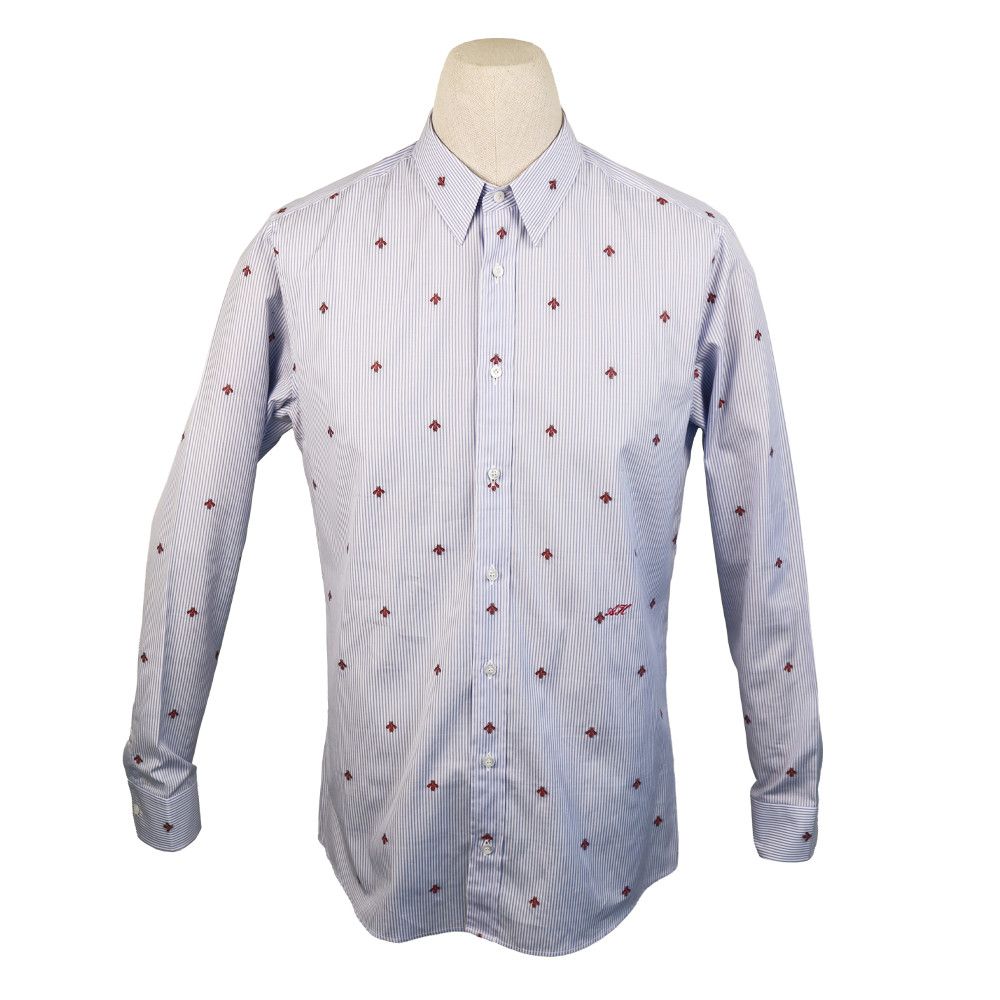 Gucci Blue Shirt with All-Over Red Bee Embroidery