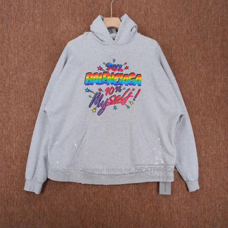 Balenciaga Rainbow Graffiti Logo Distressed Hoodie