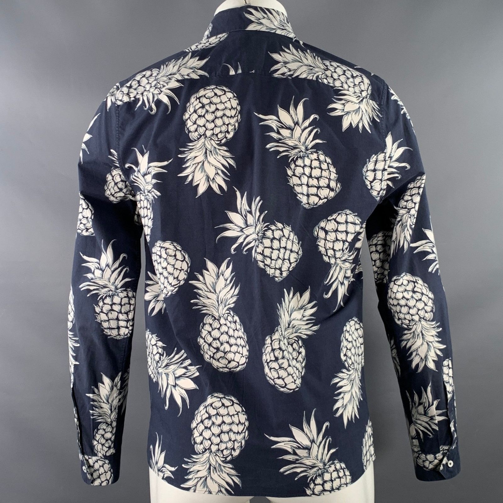 Valentino Navy White Pineapple Print Cotton Button Up Long Sleeve Size US M / EU 48-50 / 2 - 4 Thumbnail
