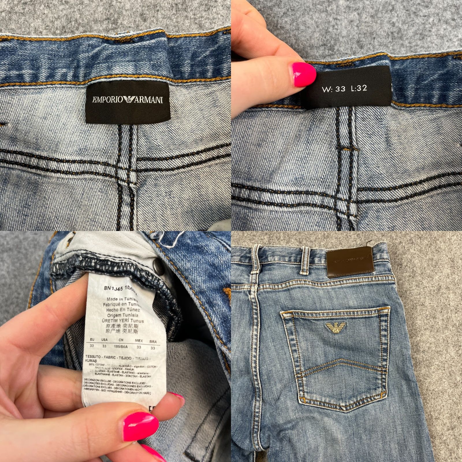 Vintage Armani Jeans Jeans Slim Tapered 33 32 Blue Denim Cotton Elastan Stretch 5-Pocket Mens Regular Waist 33 Inseam 32 In 10 Rise Classic Vintage NoN/A Size US 33 - 8 Thumbnail
