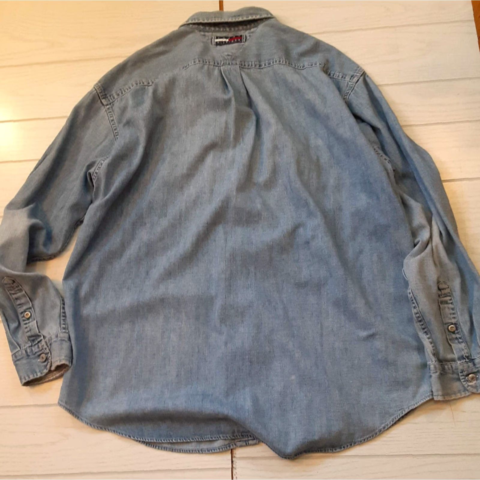 Tommy Hilfiger Tommy Hilfiger Full Metal Button X-Large Blue Jean Shirt with Tommy Strip - Button-Up, Long Sleeve, Cotton Canvas, Metal Buttons, Regular Fit, Men Size US XL / EU 56 / 4 - 7 Thumbnail