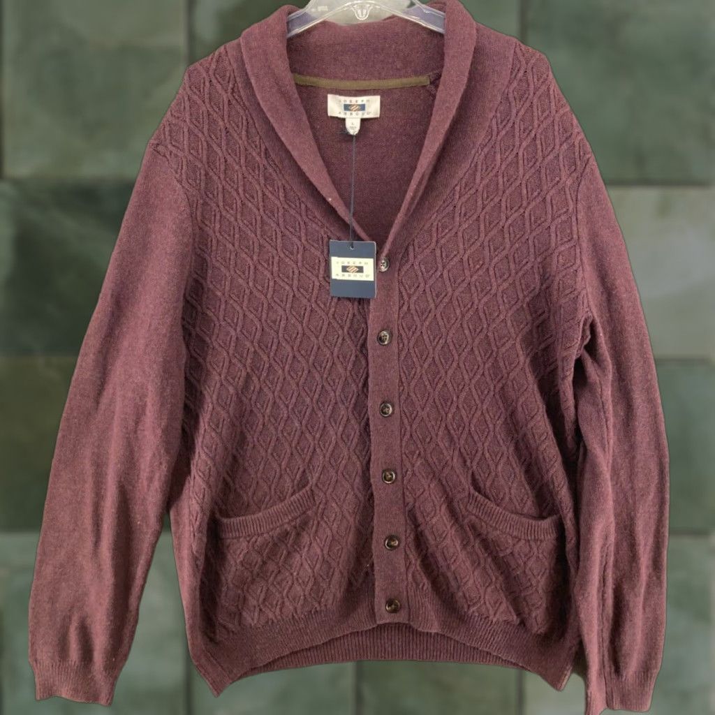 Joseph Abboud Joseph Abboud Mens Cardigan Sweater NWT Burgundy Large Cable-Knit V-Neck Wool Blend with Pockets Size US L / EU 52-54 / 3 - 1 Thumbnail