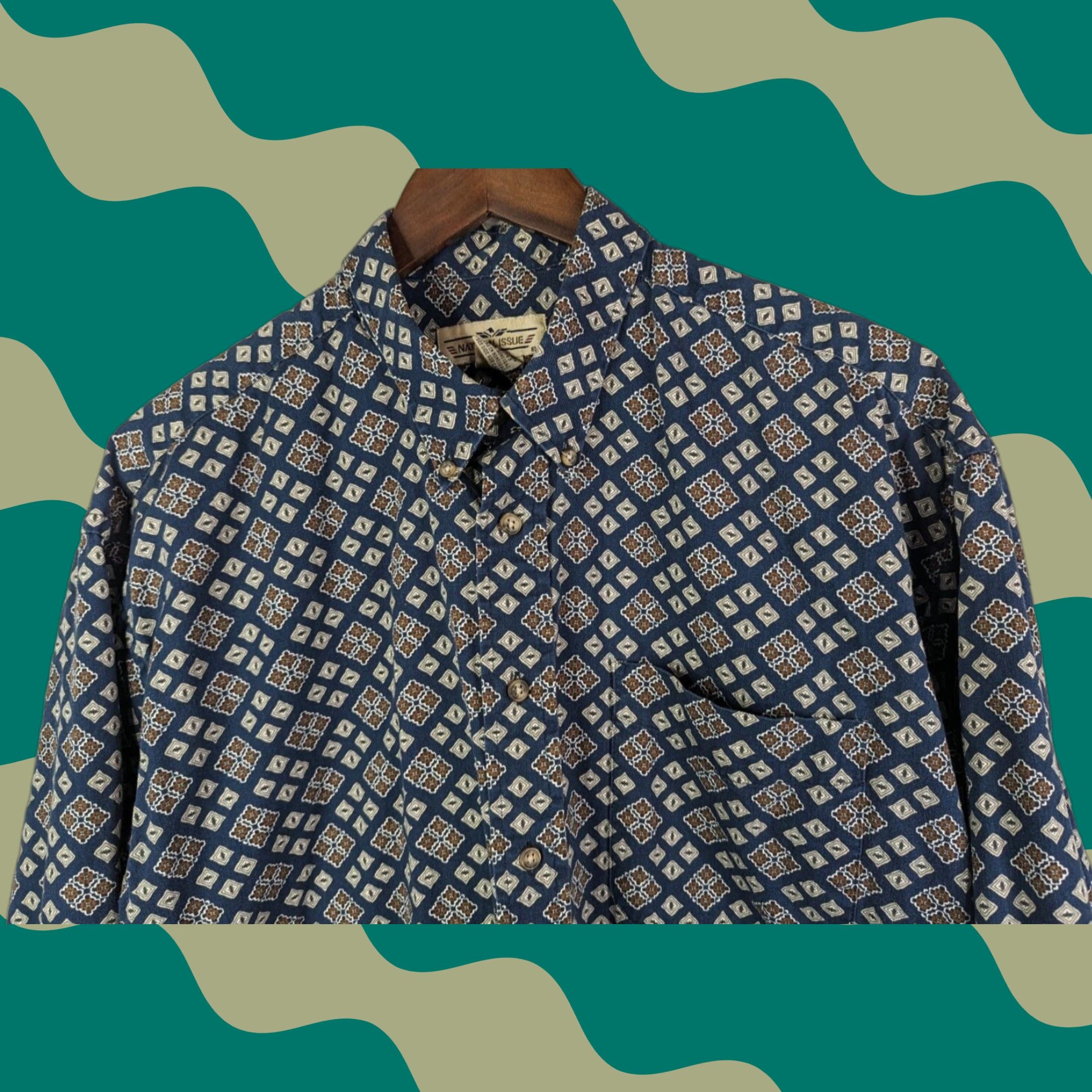 Vintage Natural Issue Button-Up Shirt Men L Blue Geometric Long Sleeve Casual Shirt Size US L / EU 52-54 / 3 - 1 Thumbnail