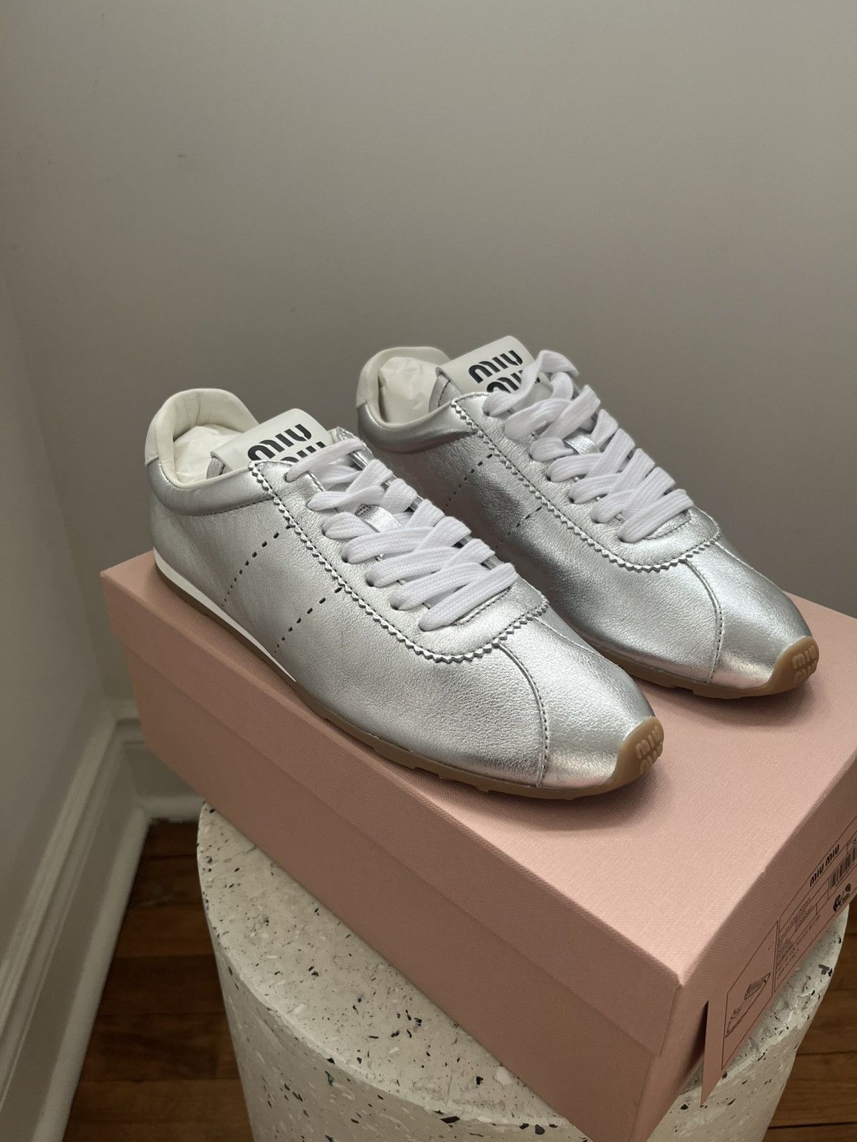 Miu Miu Plume Metallic Leather Sneakers Miu Miu Size US 8 / IT 38 - 1 Thumbnail