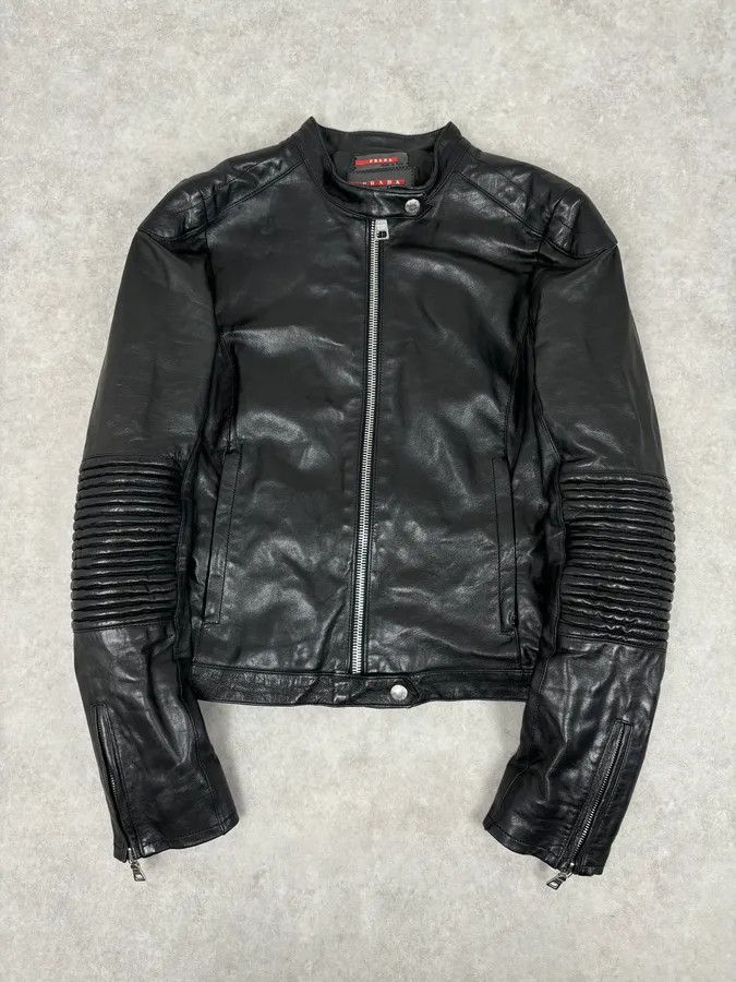 Prada 2000s Prada Black Biker Ribbed Sleeves Leather Jacket Size M / US 6-8 / IT 42-44 - 1 Thumbnail