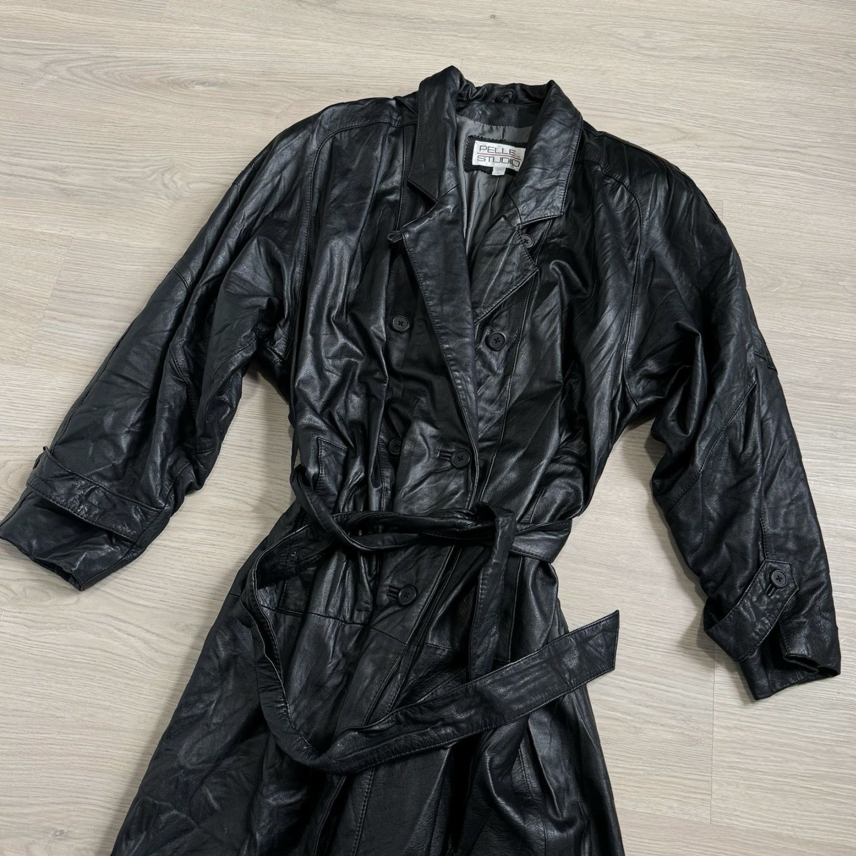 Vintage VINTAGE 90s Pelle Studio Leather Trench Coat Double Breasted Belted Jacket Men L Black Size US L / EU 52-54 / 3 - 2 Thumbnail