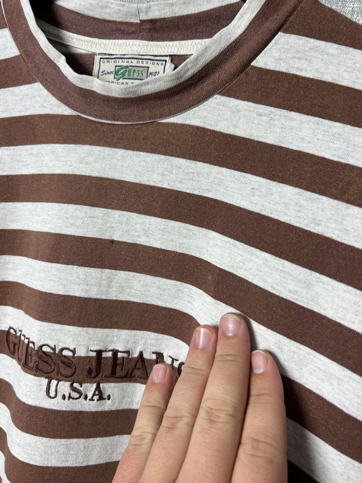 Guess Rare Vintage Guess Jeans USA Striped Long Sleeve Brown/Grey Size US L / EU 52-54 / 3 - 5 Thumbnail