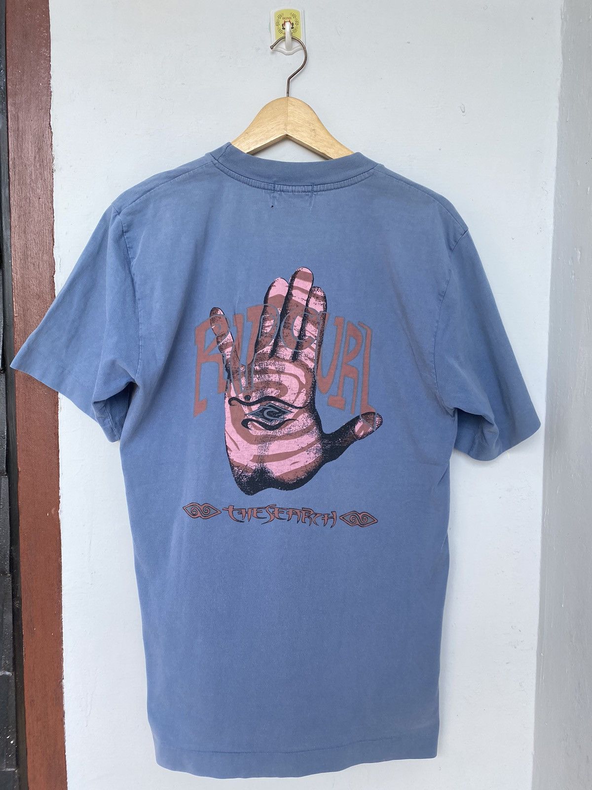 image of Vintage 90's Ripcurl Surf Hand Print Mullet Style Tee in Sky Blue, Men's (Size Medium)
