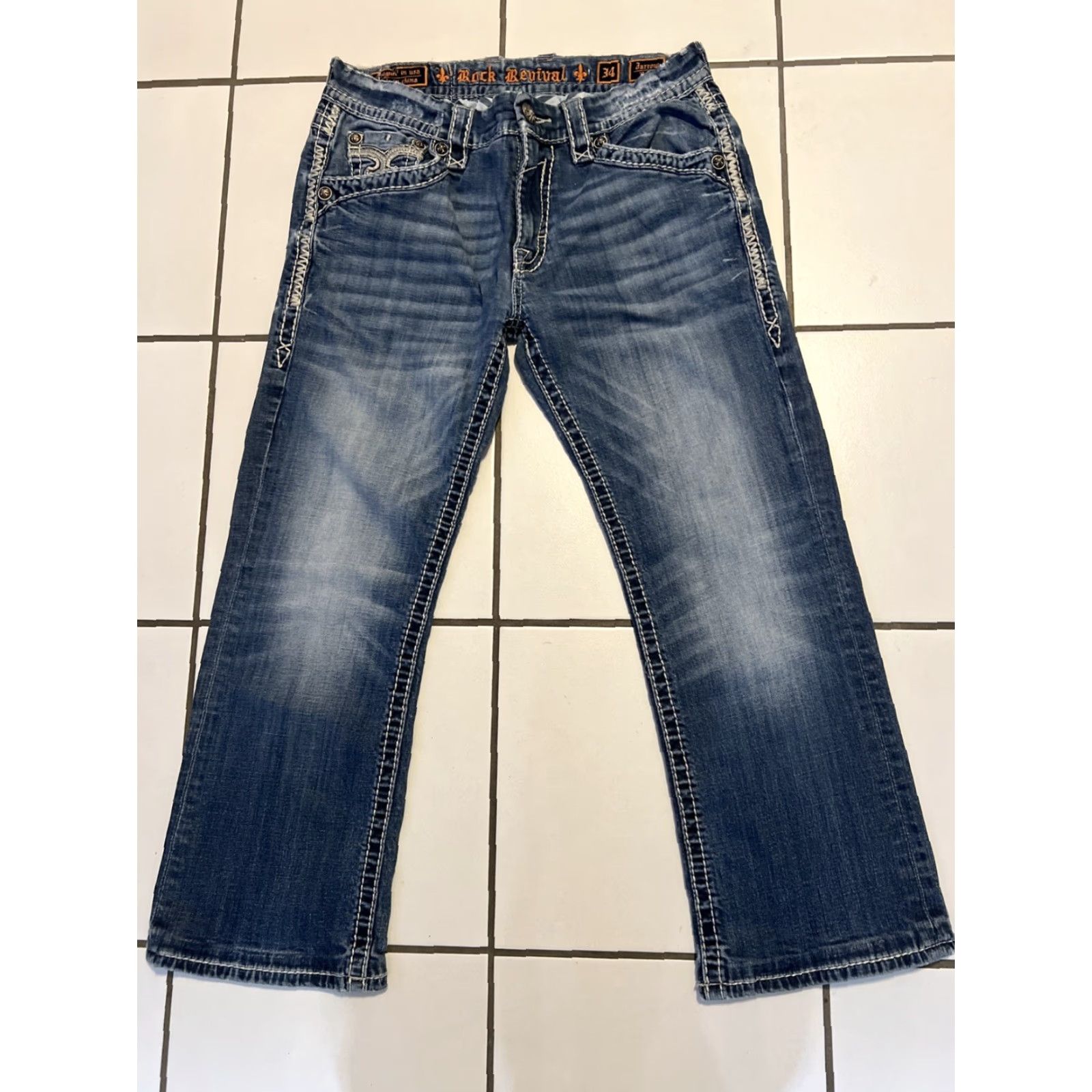 Vintage Rock Revival Jeans Mens 34x26 Jarrow Denim Boot Blue Thick Stitch Y2K Regular Rise 5-Pocket Mens Jeans Size US 34 / EU 50 - 2 Thumbnail