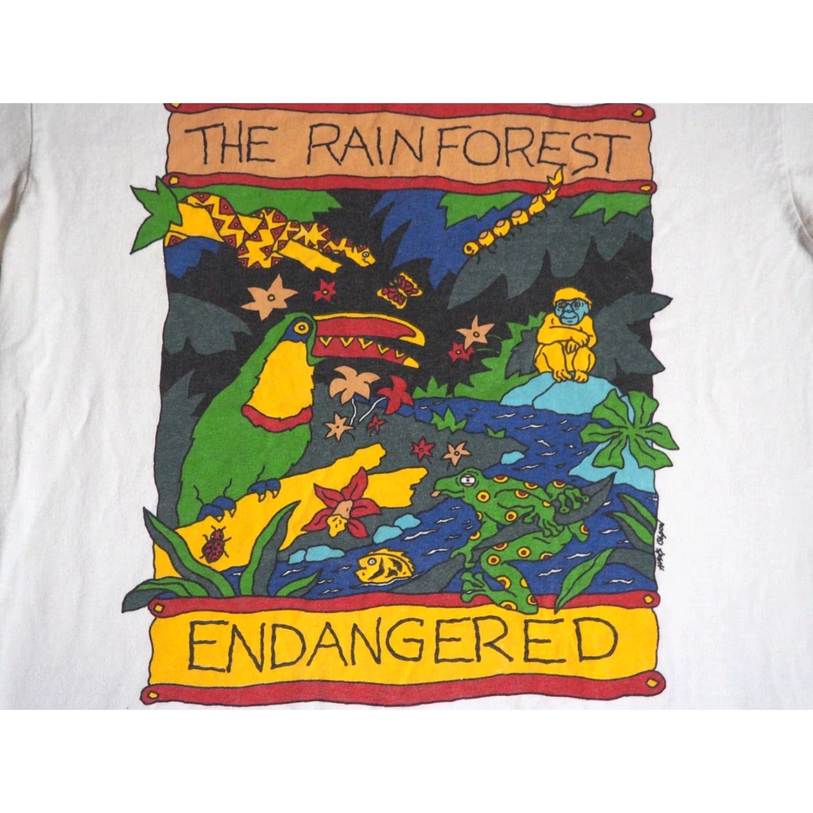 Anvil VTG 90s Y2k Anvil Rainforest Eco Animal Nature Art White Tee T-Shirt L Unisex White T-Shirt 2000s Graphic Tee Size US L / EU 52-54 / 3 - 3 Thumbnail