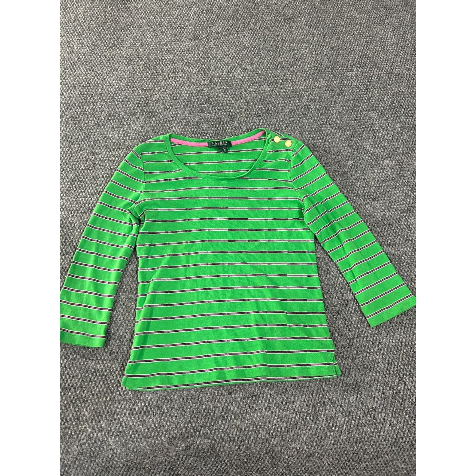 Ralph Lauren Lauren Ralph Lauren Blouse M Green Striped Cotton Pullover Button Sleeve Length Long Round Neck Casual Women’s Regular Fit Vintage: No Size M / US 6-8 / IT 42-44 - 2 Thumbnail