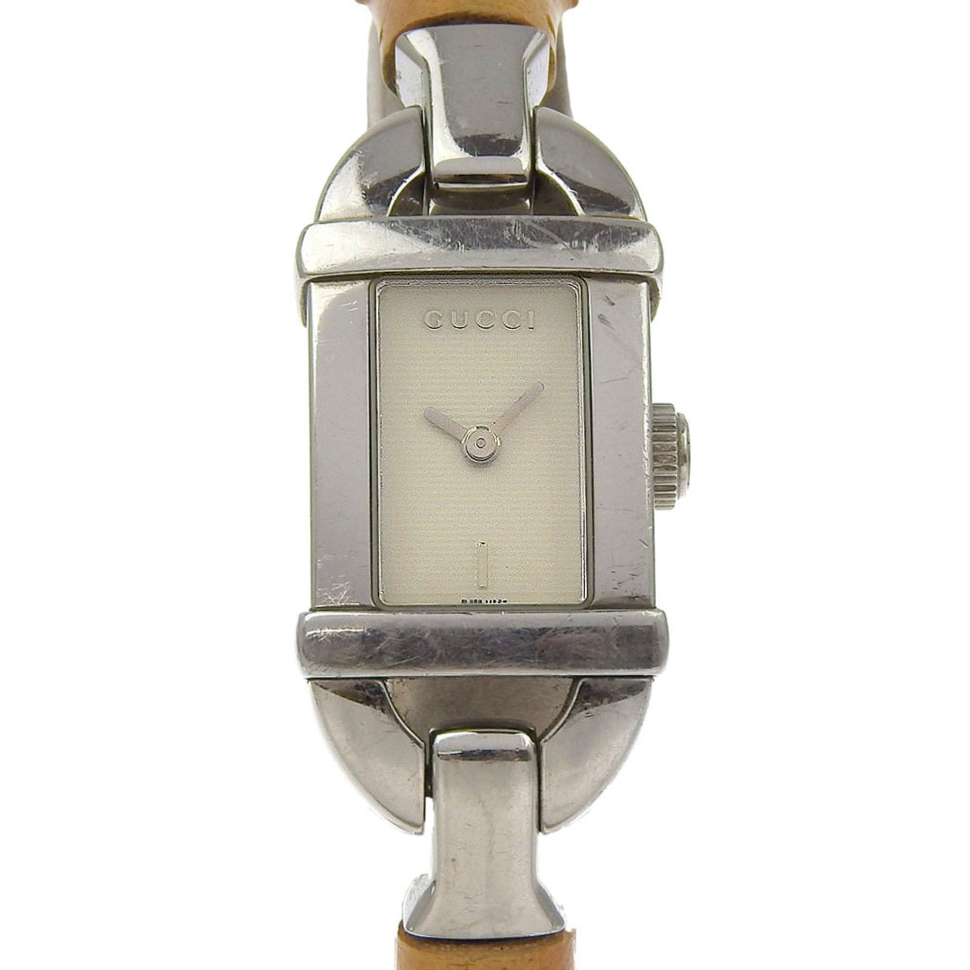 Gucci Gucci 6800L Stainless Steel and Bamboo Quartz Watch with Analog Display White Dial for Women Size ONE SIZE - 1 Thumbnail