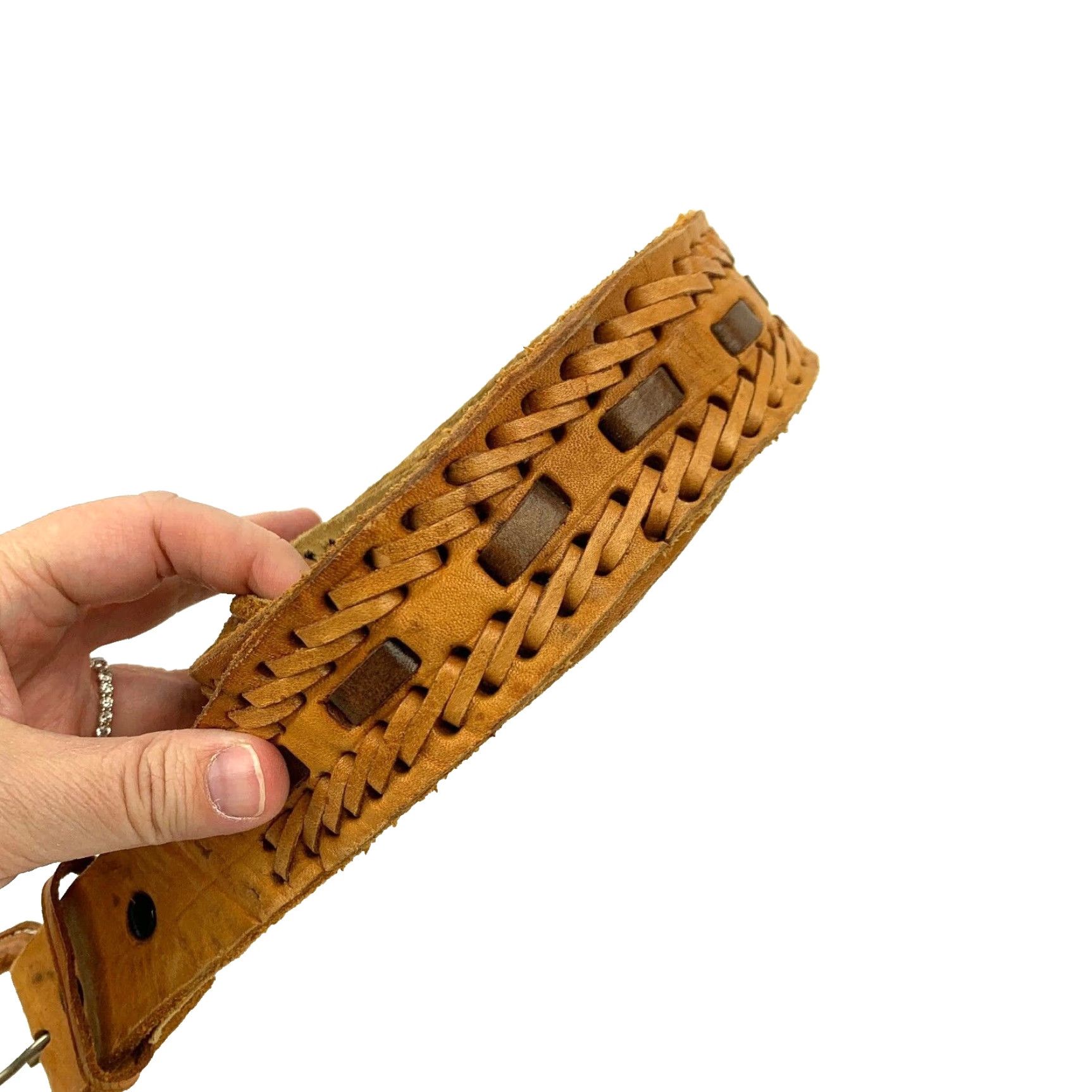 Vintage VINTAGE Belt Mens Brown Leather 44 Size 50" Long 1.9" Wide Two-Tone Laced 70s Size 44 - 4 Thumbnail