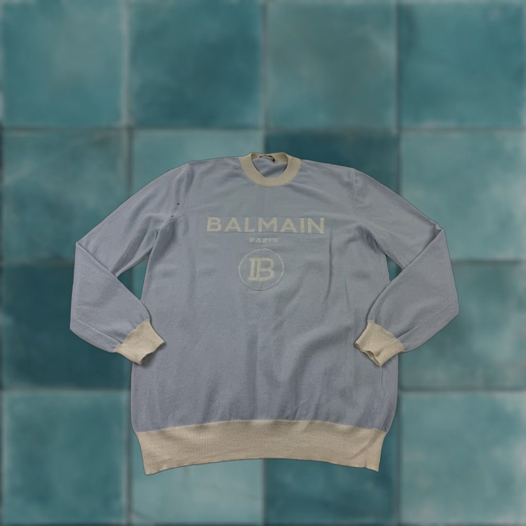 Balmain Balmain Sweater Mens 42 Blue Wool Cashmere Logo Crewneck Knit Italy Pullover Size US XL / EU 56 / 4 - 1 Thumbnail