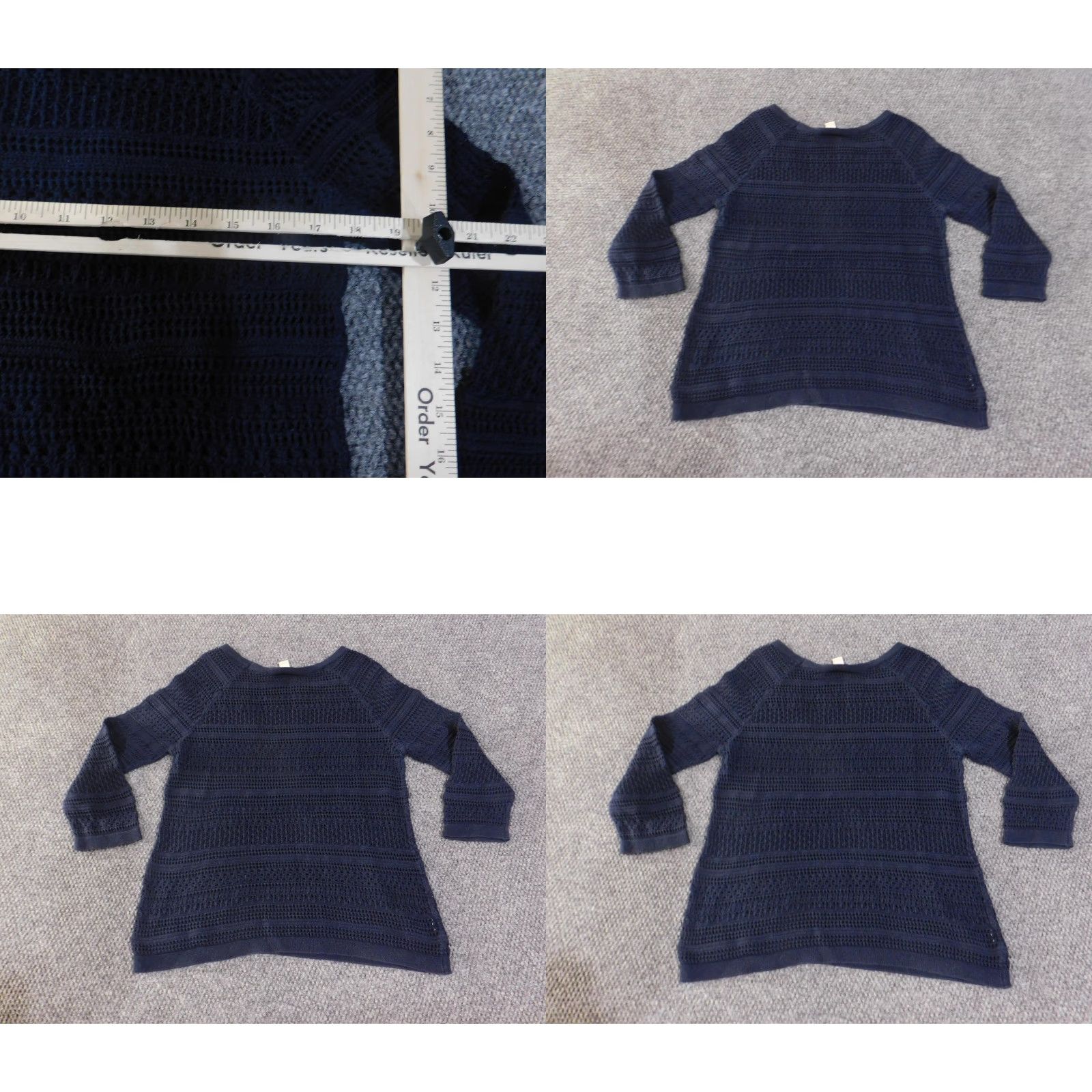 Loft LOFT Sweater Women Large Navy Blue Open Knit 3/4 Sleeve Pullover Crewneck 100% Cotton Crochet Accents Womens Size L / US 10 / IT 46 - 8 Thumbnail