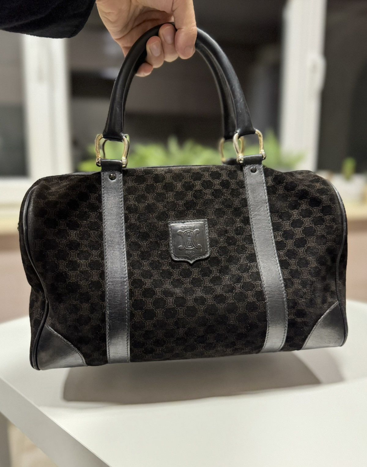 ★0% TAX★ CELINE MACADAM SUEDE MONOGRAM SPORT BOSTON BAG 90S