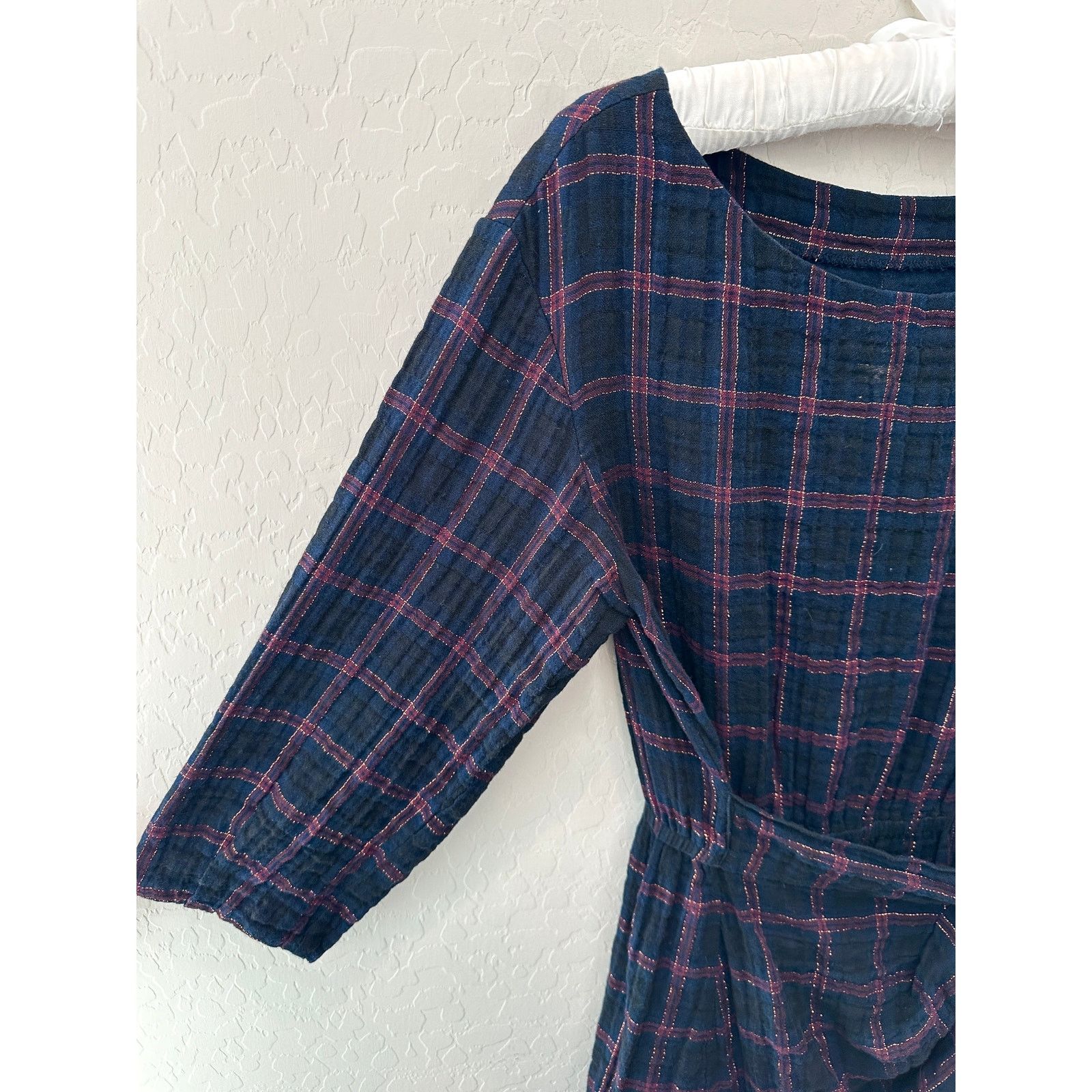 Rebecca Taylor REBECCA TAYLOR | Dark Blue Metallic Plaid Wrap Mini Dress Size M / US 6-8 / IT 42-44 - 2 Thumbnail