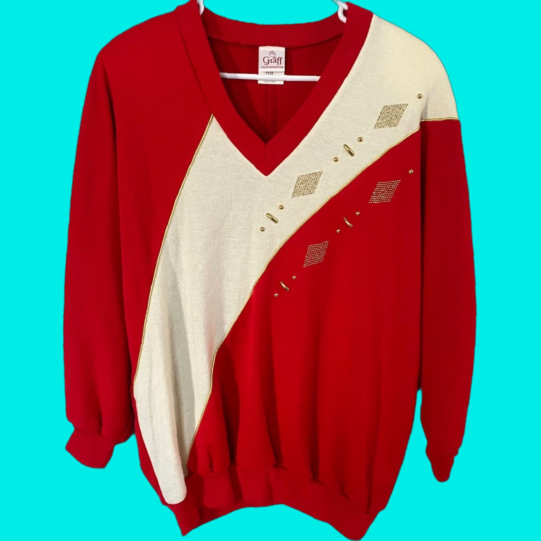 GRAFF VINTAGE Graff Californiaware Sweater Womens XL Red V-Neck Shoulder Pads Holiday Embellished Pullover New Size XL / US 12-14 / IT 48-50 - 1 Thumbnail